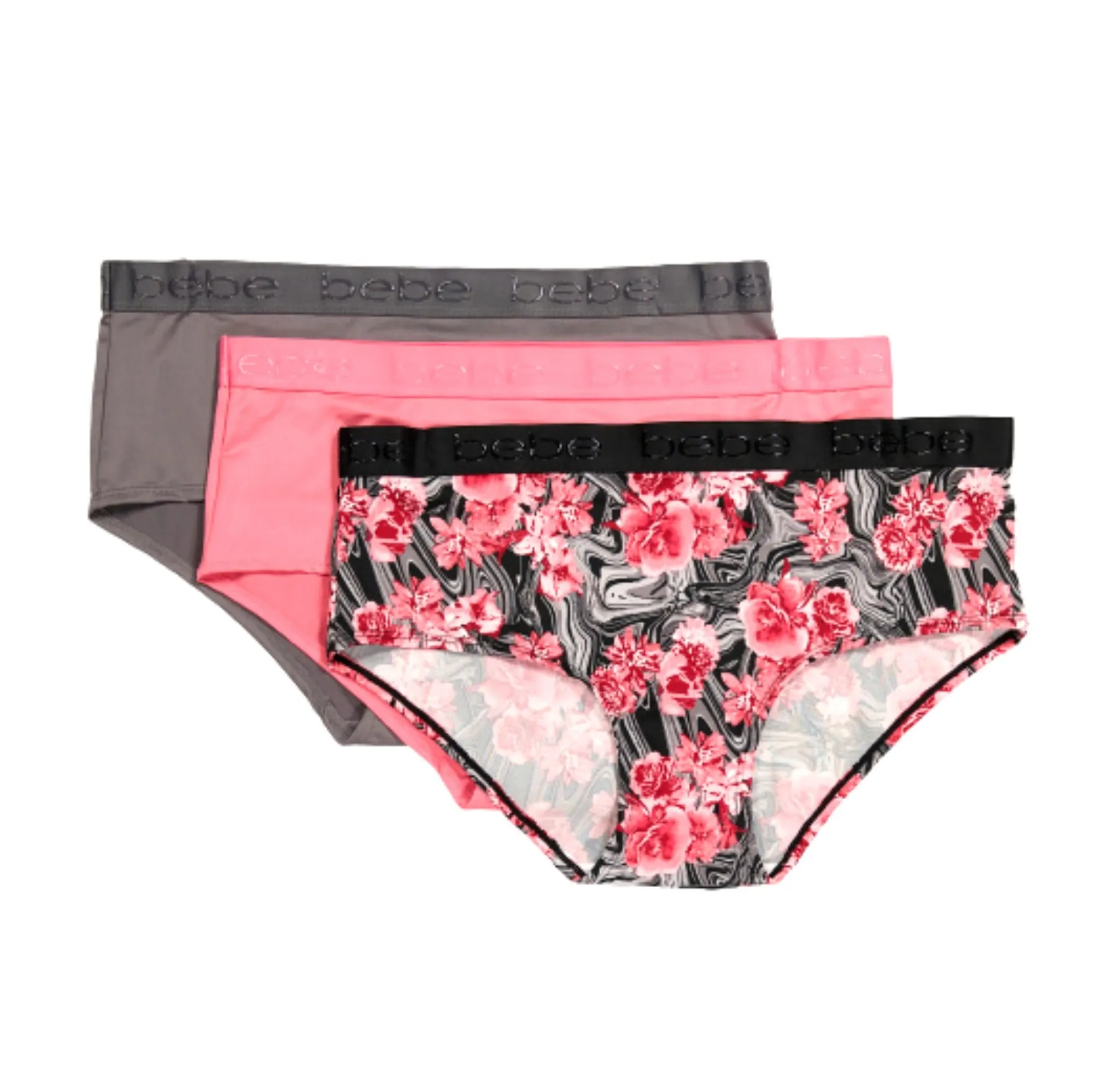 Bebe Plus 3 -Pack Tag Free Micro Logo at Waist Floral Hipster Panties