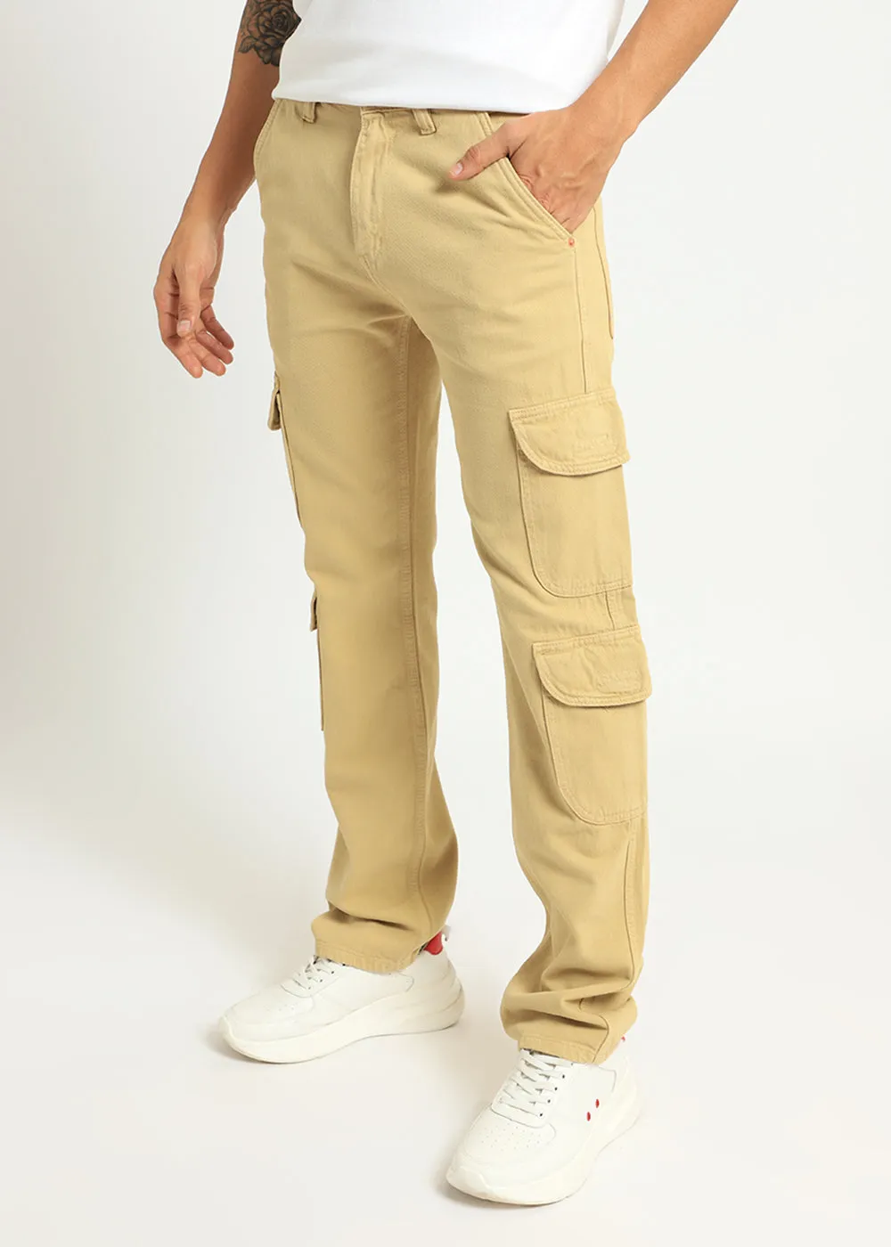 Beige Double Pocket Cargo Denim