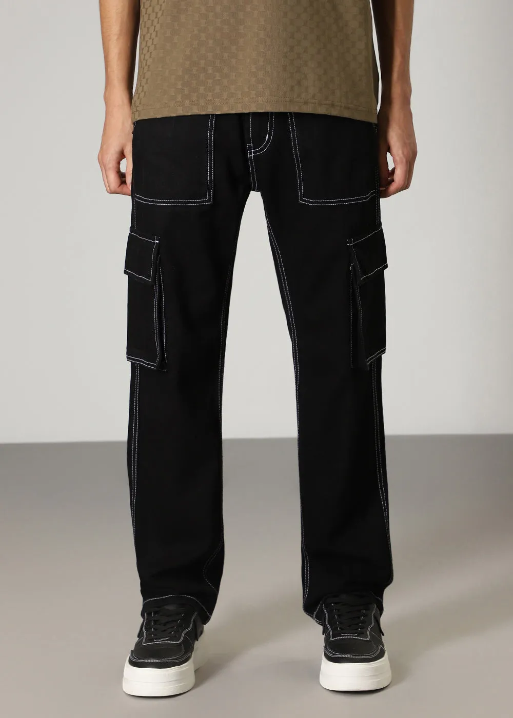 Black Contrast Stitched Denim Cargo