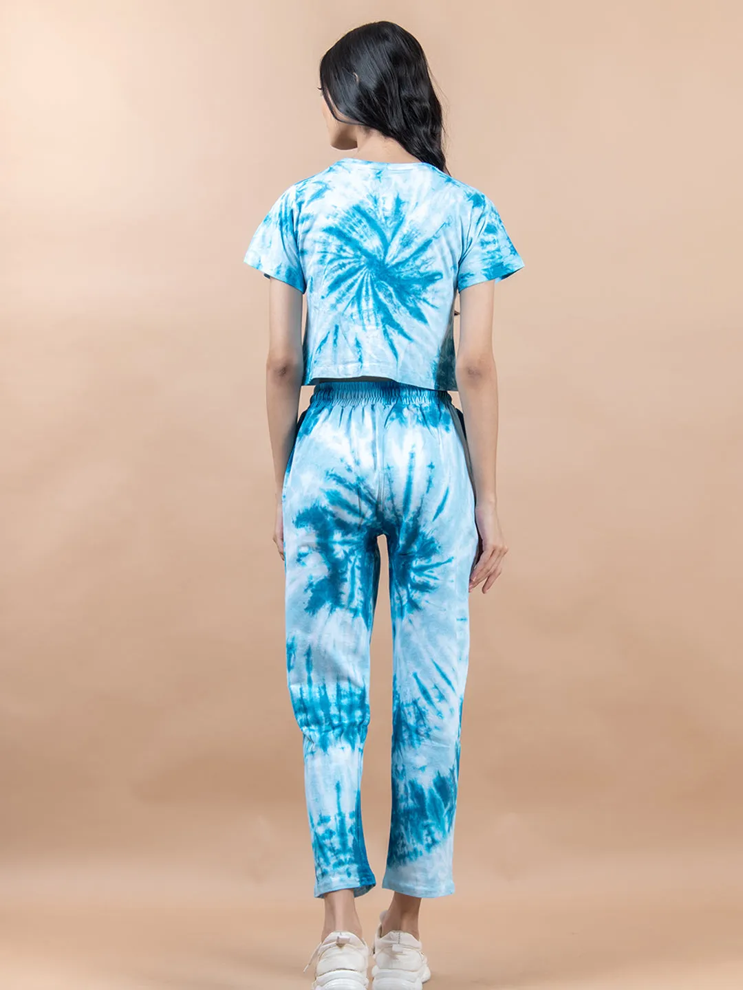 Blue Color Tie-Dye Cotton Crop Top and Jogger Set For Women