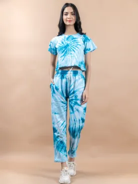 Blue Color Tie-Dye Cotton Crop Top and Jogger Set For Women