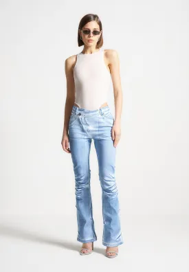 Denim Effect Tacked Fit and Flare Jeans - White/Blue