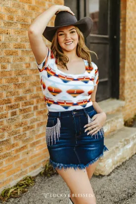 Denim Tummy Control Rhinestone Fringe Skirt