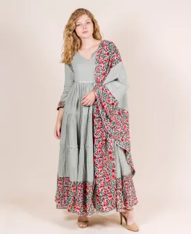 Dusty Mint Hand Block Printed Dress with Dupatta