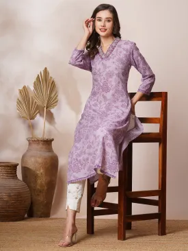 Ethnic Floral Printed & Embroidered Straight Fit Kurta - Lavender