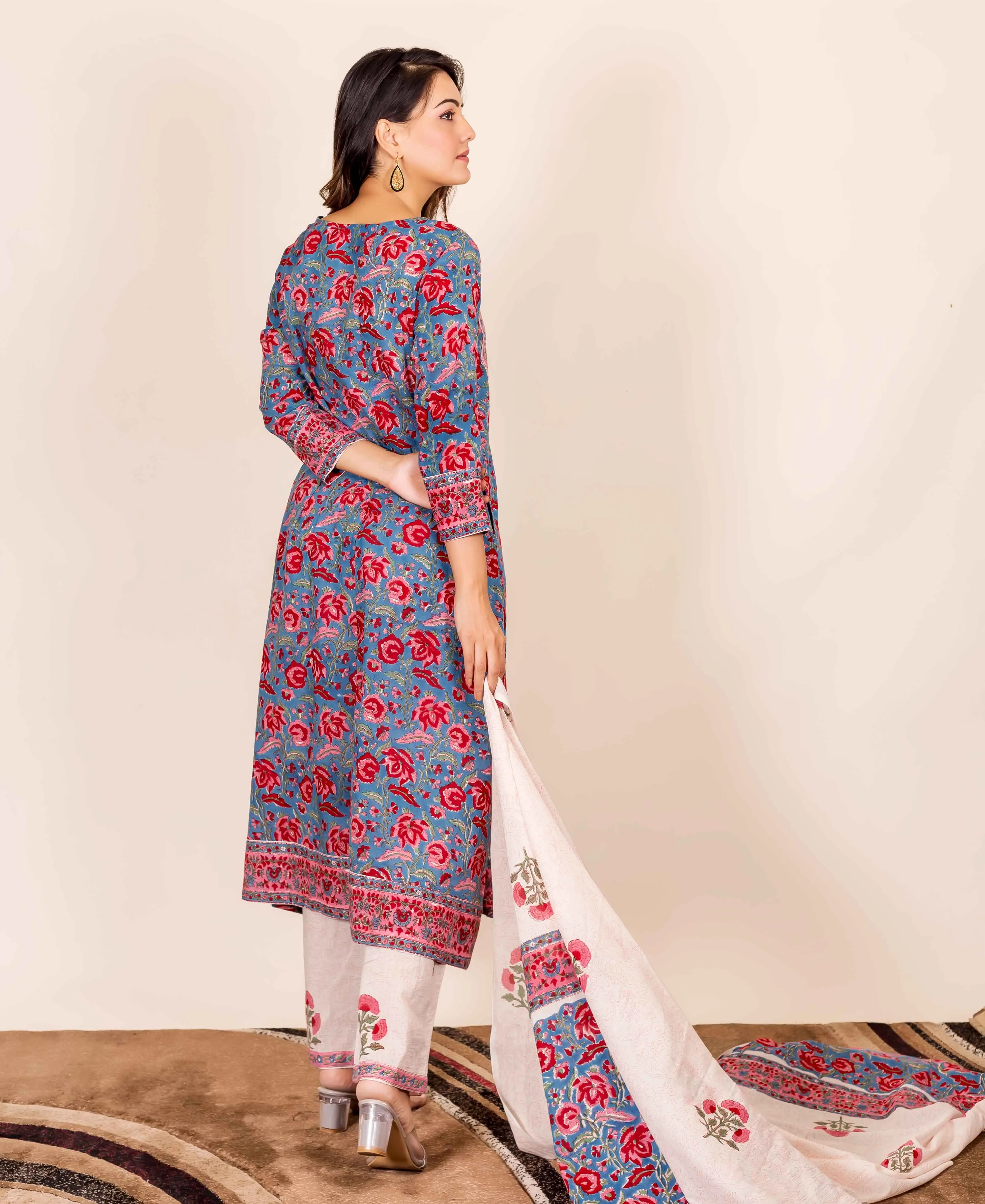 Layla Blue and Red Hand Block Printed Kurta