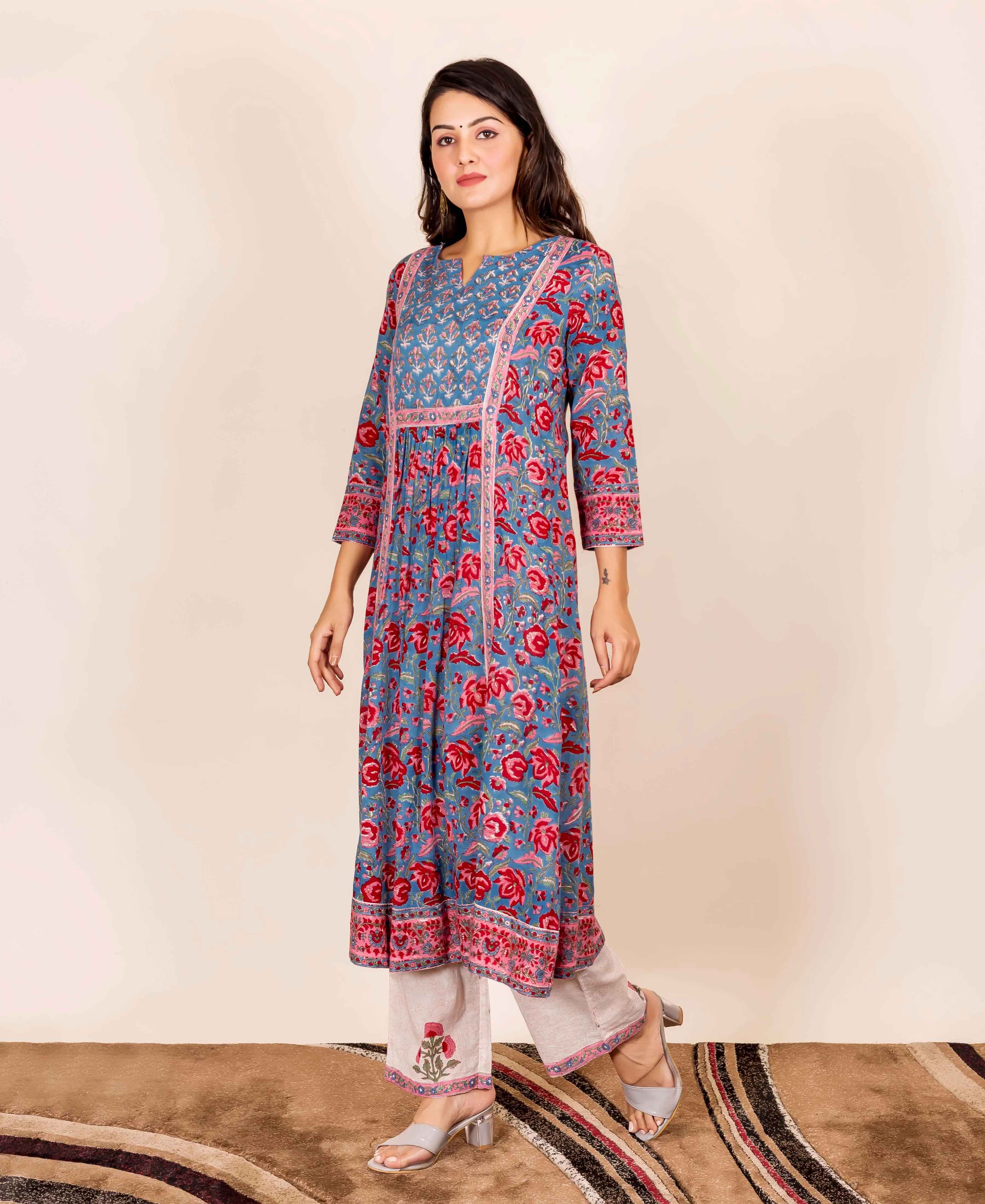 Layla Blue and Red Hand Block Printed Kurta