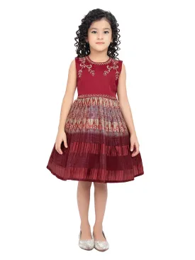 Maroon & Beige Ethnic Motifs Printed Knee Length Frock For Girls