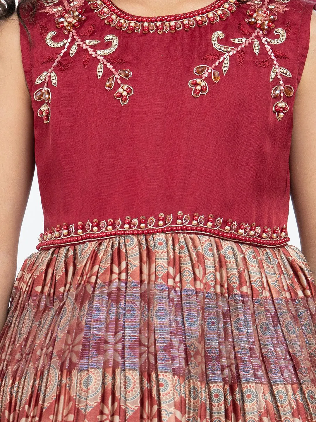 Maroon & Beige Ethnic Motifs Printed Knee Length Frock For Girls