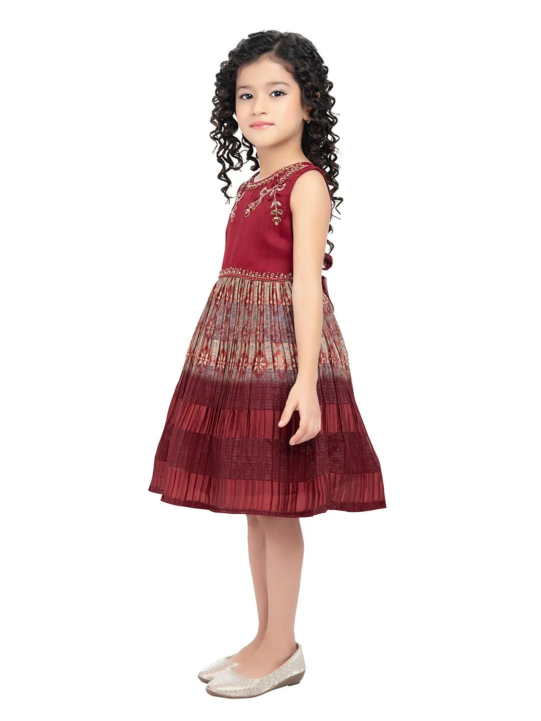 Maroon & Beige Ethnic Motifs Printed Knee Length Frock For Girls