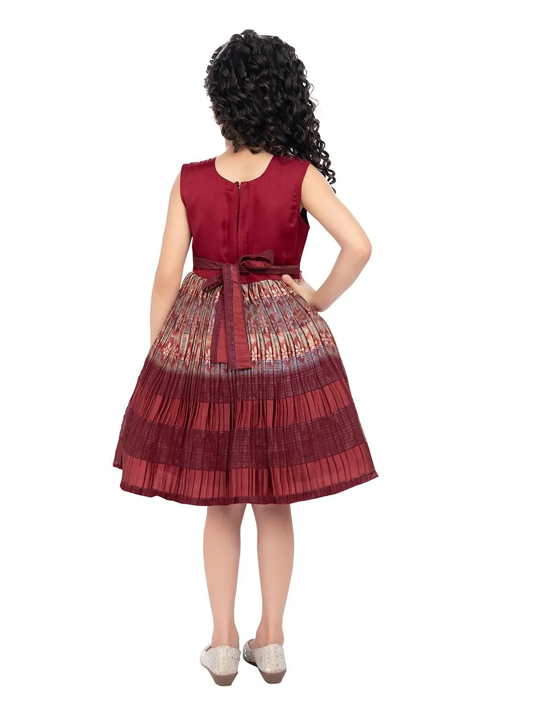 Maroon & Beige Ethnic Motifs Printed Knee Length Frock For Girls