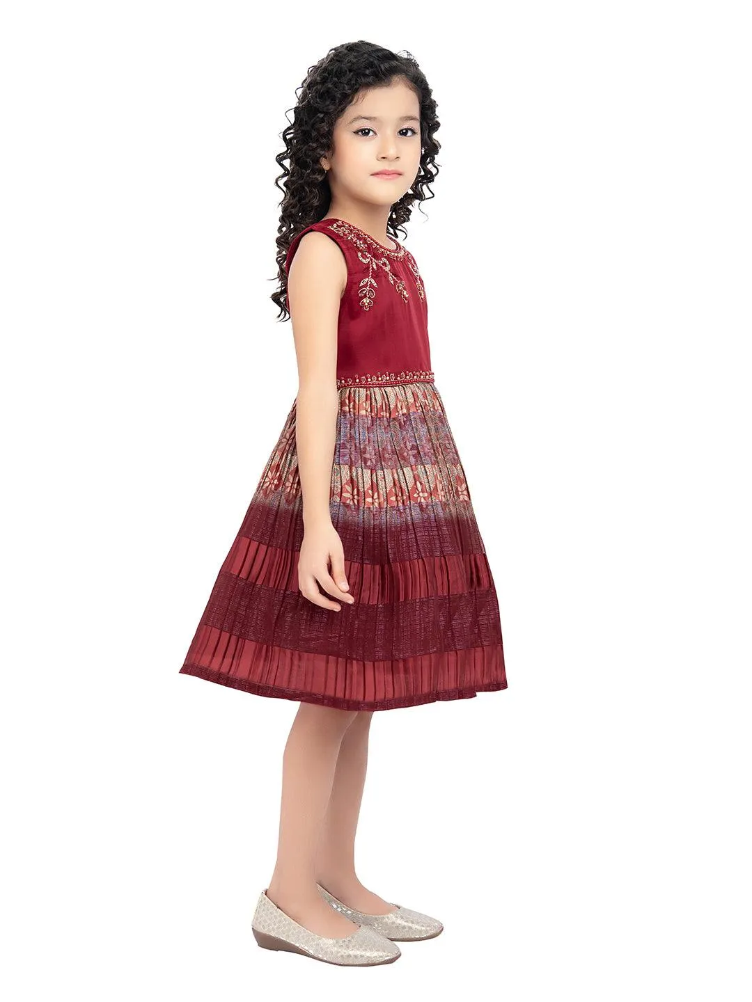 Maroon & Beige Ethnic Motifs Printed Knee Length Frock For Girls