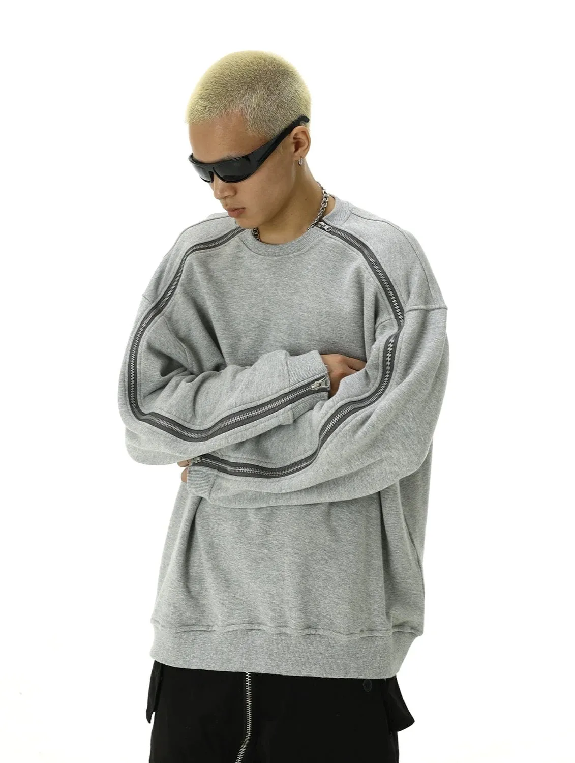 Oversized Crewneck Contrast Zip-Piping Sweatshirt