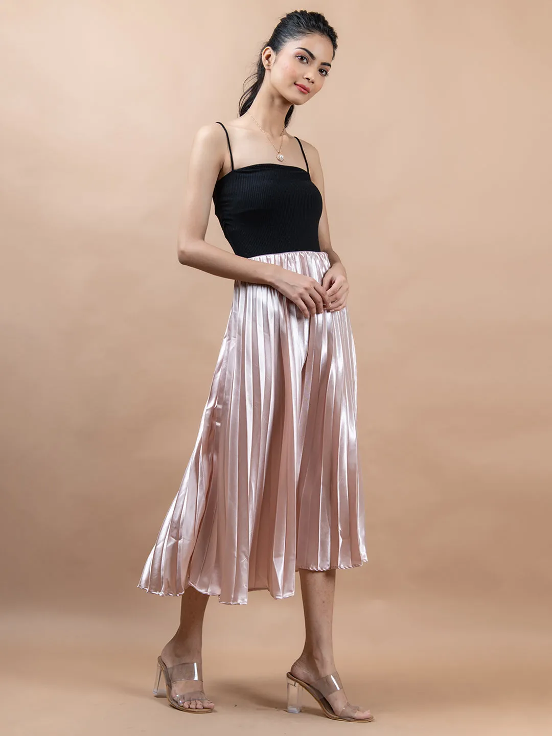 Rose Gold Flared Skirt with Accordion Pleats