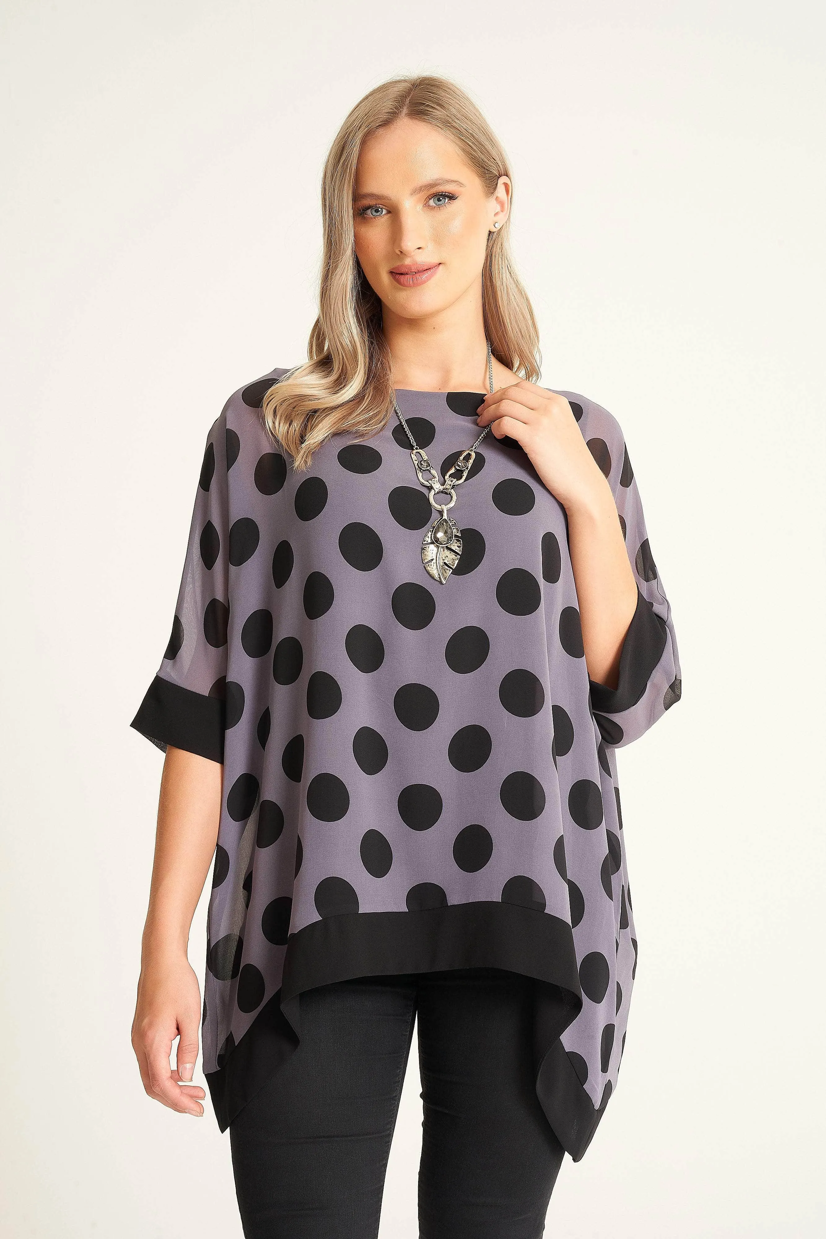 Saloos Polka Dot Print Boat Neck Top with Necklace