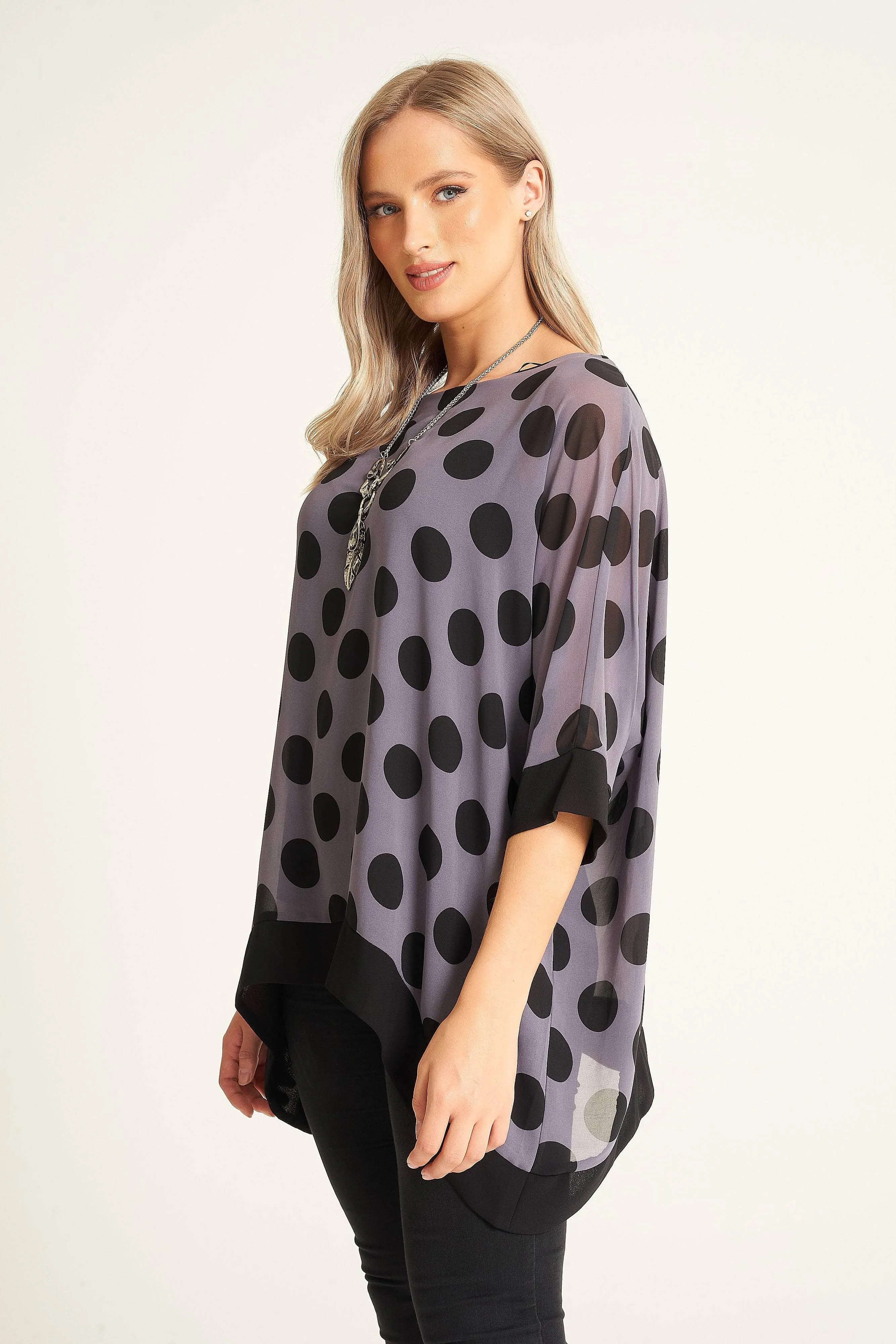 Saloos Polka Dot Print Boat Neck Top with Necklace