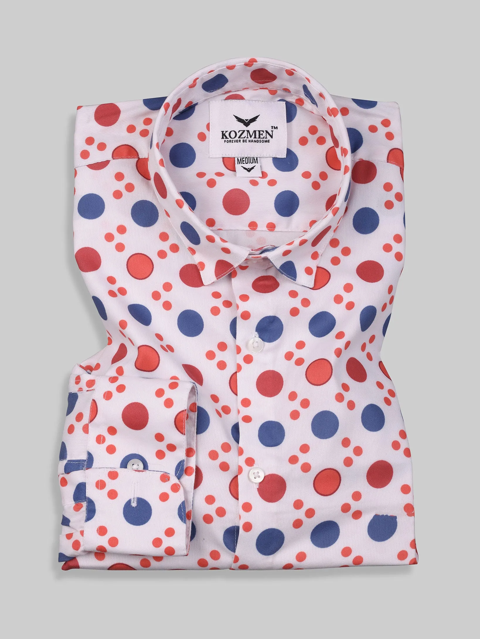 White Polka Dot Shirt with Red, Orange, and Blue Accents