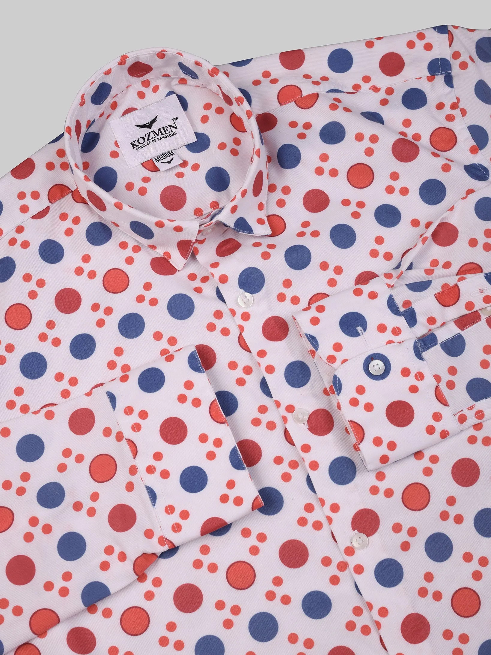 White Polka Dot Shirt with Red, Orange, and Blue Accents